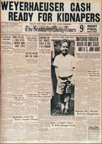 George Weyerhaeuser’s kidnapping was front-page news across the nation, including in The Seattle Times. (Photo courtesy of The Seattle Times)