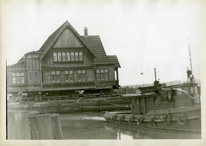 The Weyerhaeuser Building was barged up the Snohomish River from Mill A to Mill B in 1938. The Weyerhaeuser Building was barged up the Snohomish River from Mill A to Mill B in 1938.