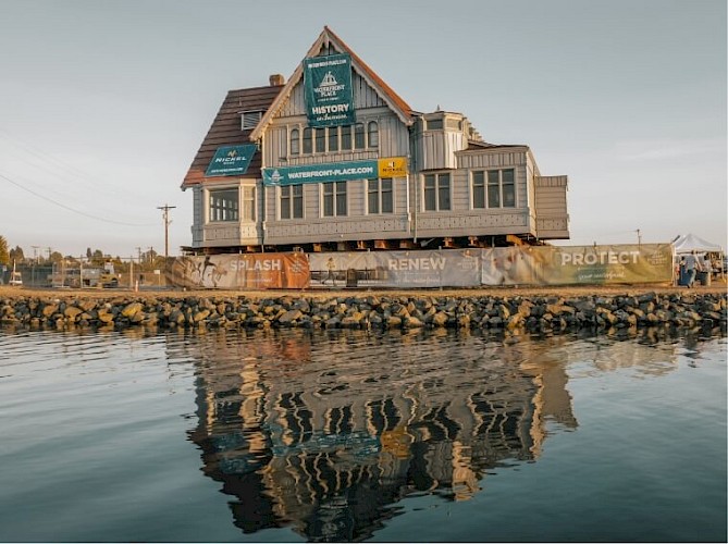 The Weyerhaeuser Building was moved over land from the Marina Village to Boxcar Park in 2016. The Weyerhaeuser Building was moved over land from the Marina Village to Boxcar Park in 2016.