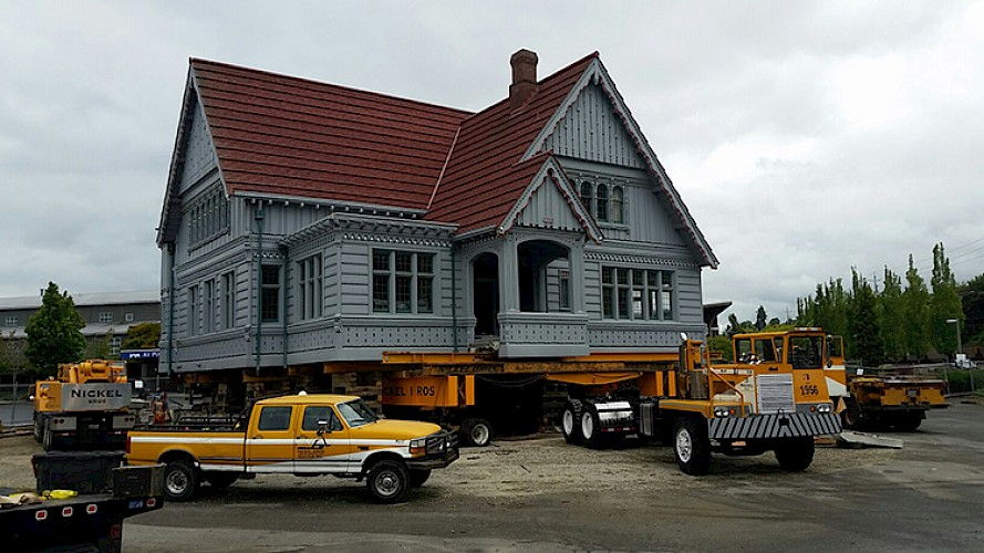 The Weyerhaeuser Building was moved over land from the Marina Village to Boxcar Park in 2016. The Weyerhaeuser Building was moved over land from the Marina Village to Boxcar Park in 2016.
