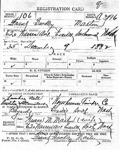 Frank Martin’s draft registration card for World War I. (Photo courtesy of Ancestry.com) Frank Martin’s draft registration card for World War I. (Photo courtesy of Ancestry.com)