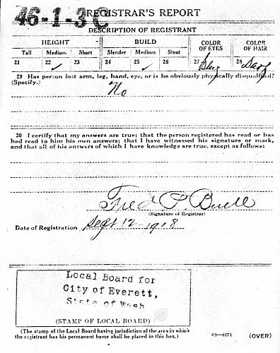 Frank Martin’s draft registration card for World War I. (Photo courtesy of Ancestry.com) Frank Martin’s draft registration card for World War I. (Photo courtesy of Ancestry.com)
